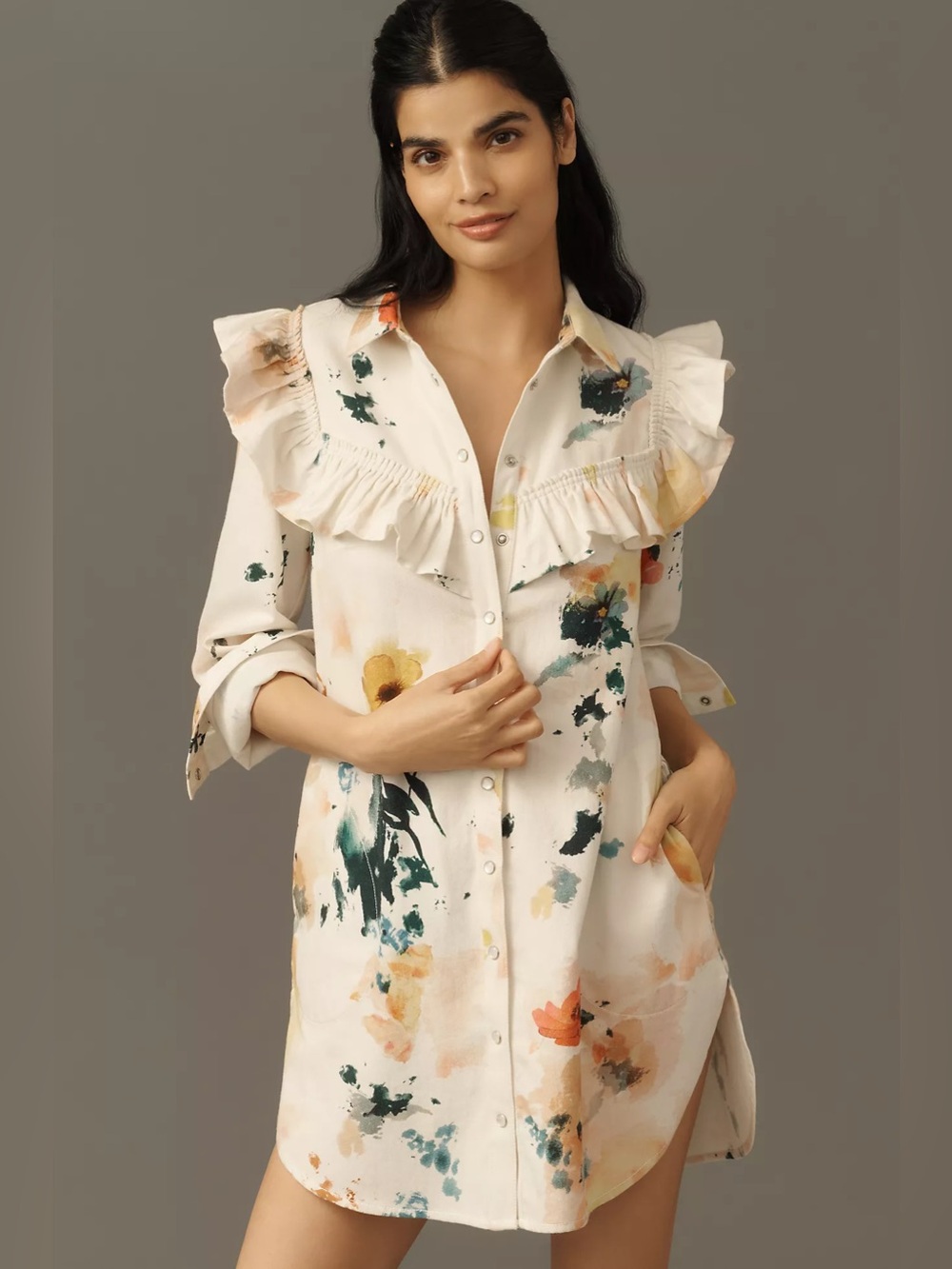 Pilcro Floral Watercolor Ruffle Mini Dress - Cream, Green, Yellow, Orange